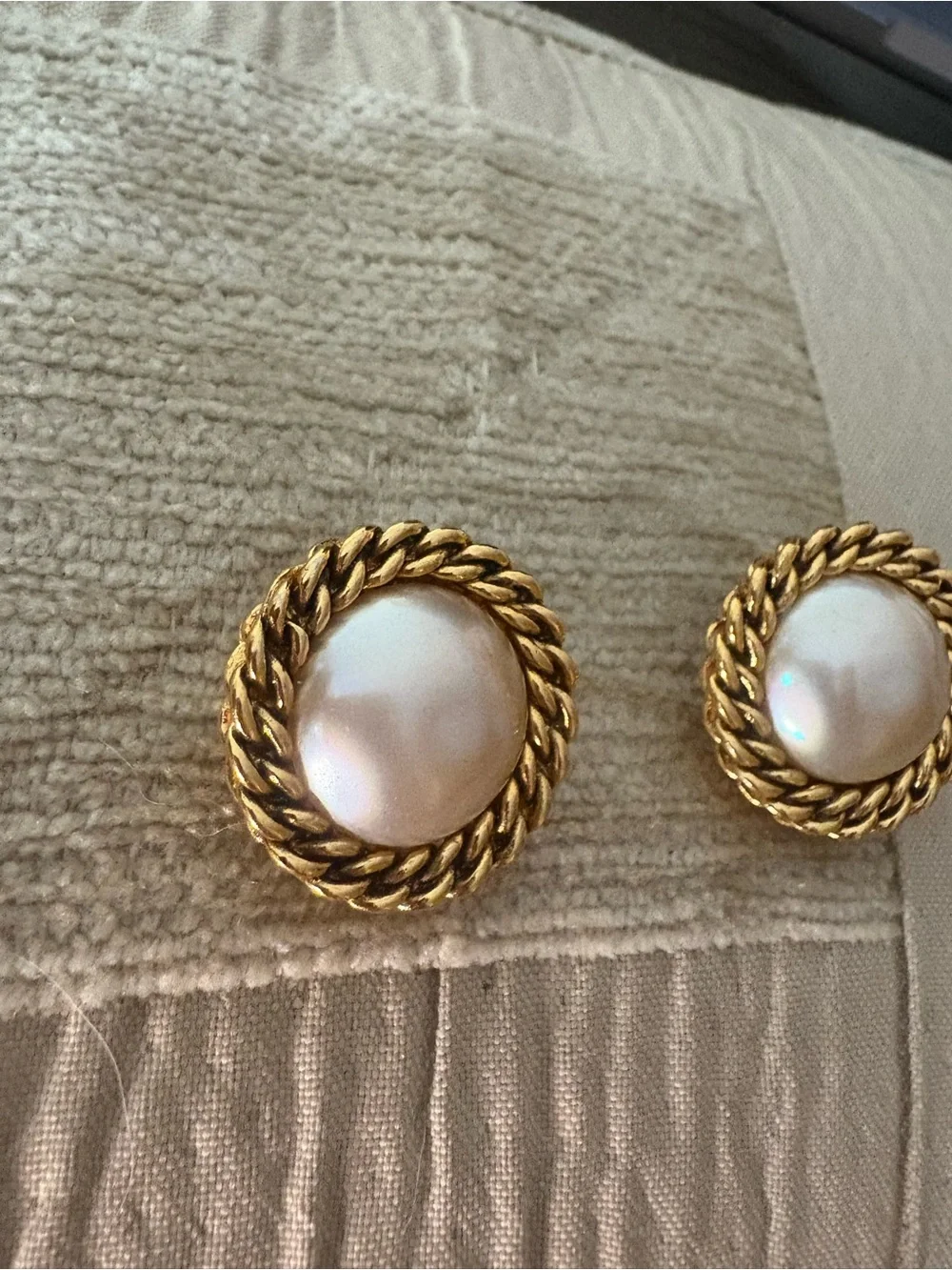 CHANEL Gold-Tone Rope Frame Faux Pearl Button Earrings